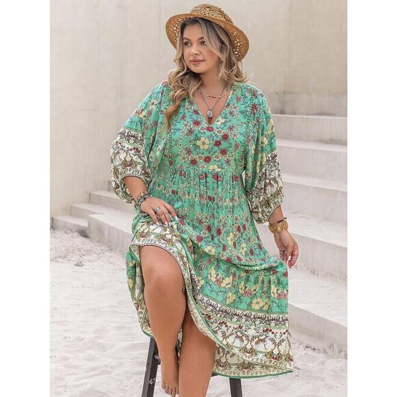 RusttyDustty Green Floral V-Neck Balloon Sleeve Maxi Dress Size L Boho Bird - Picture 1 of 11